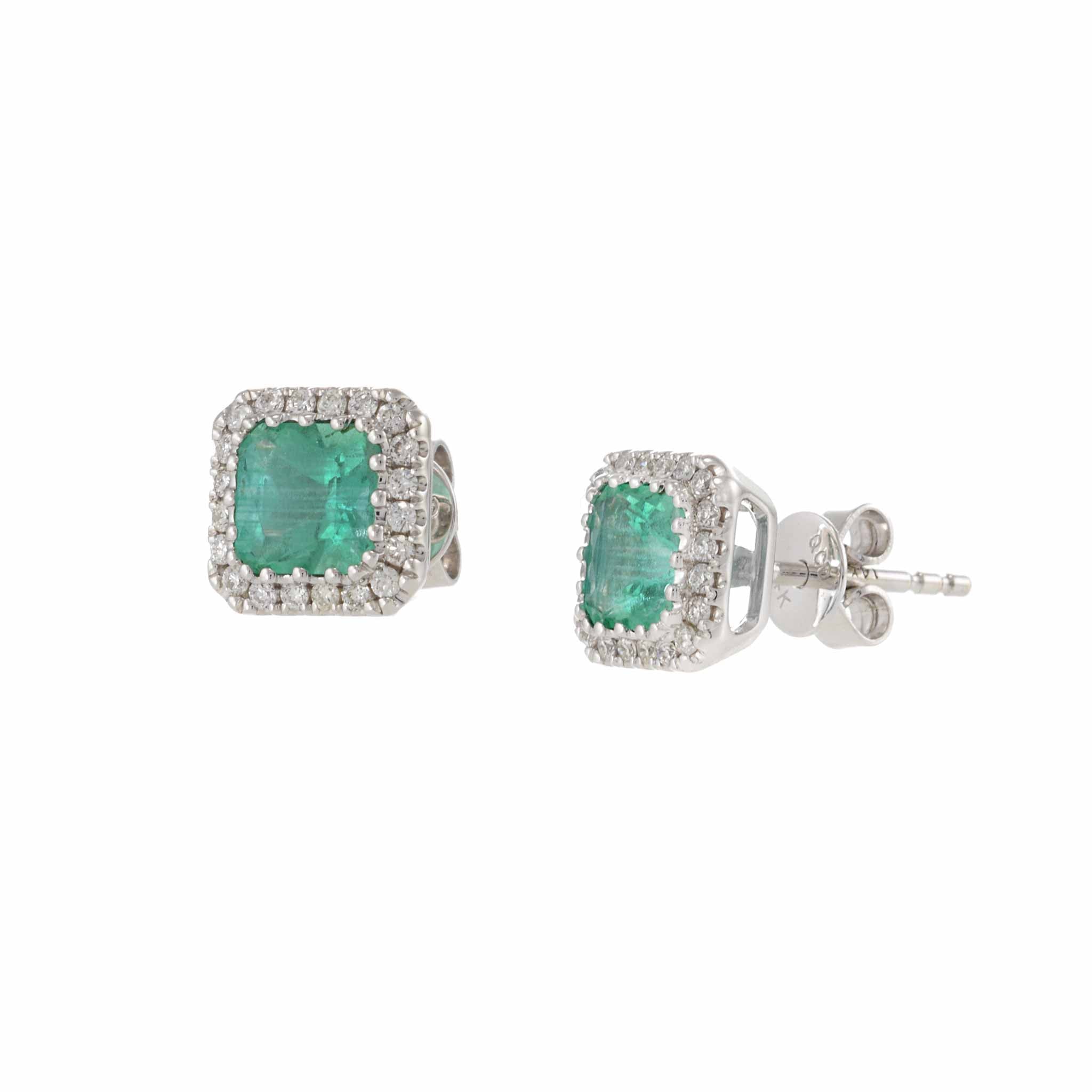 14KT White Gold Emerald and Diamond Halo Earrings