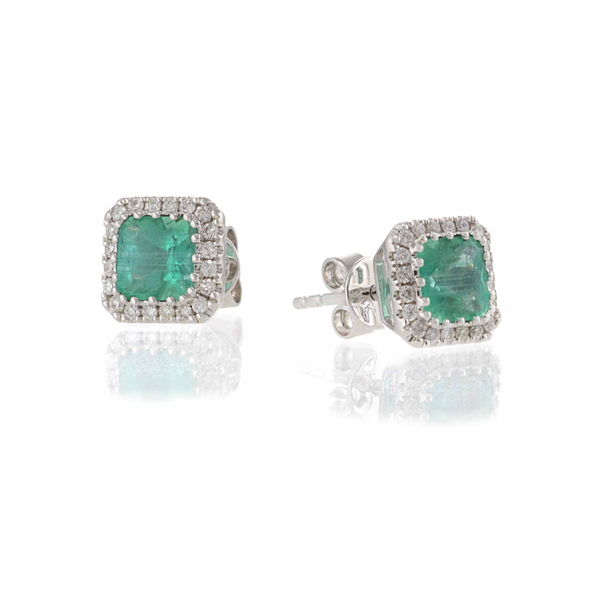 14KT White Gold Emerald and Diamond Halo Earrings