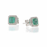 14KT White Gold Emerald and Diamond Halo Earrings