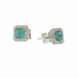 14KT White Gold Emerald and Diamond Halo Earrings