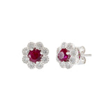 18KT White Gold Ruby and Diamond Flower Earrings