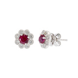 18KT White Gold Ruby and Diamond Flower Earrings