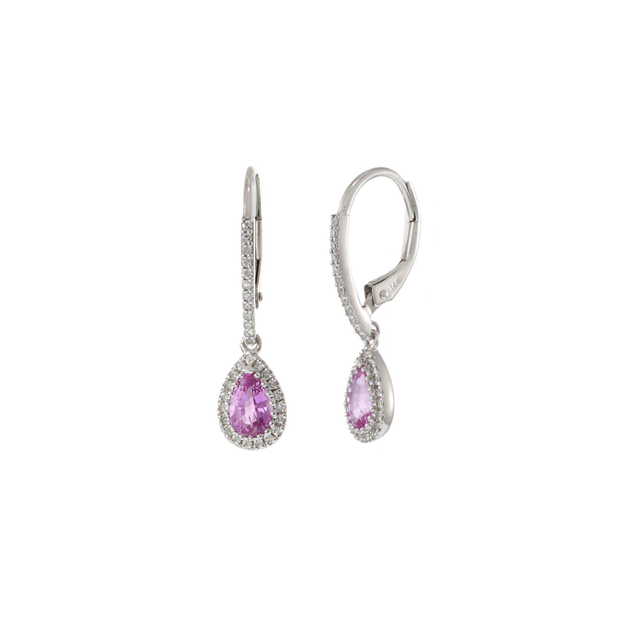 14KT White Gold Pink Sapphires and Diamond Drop Earrings