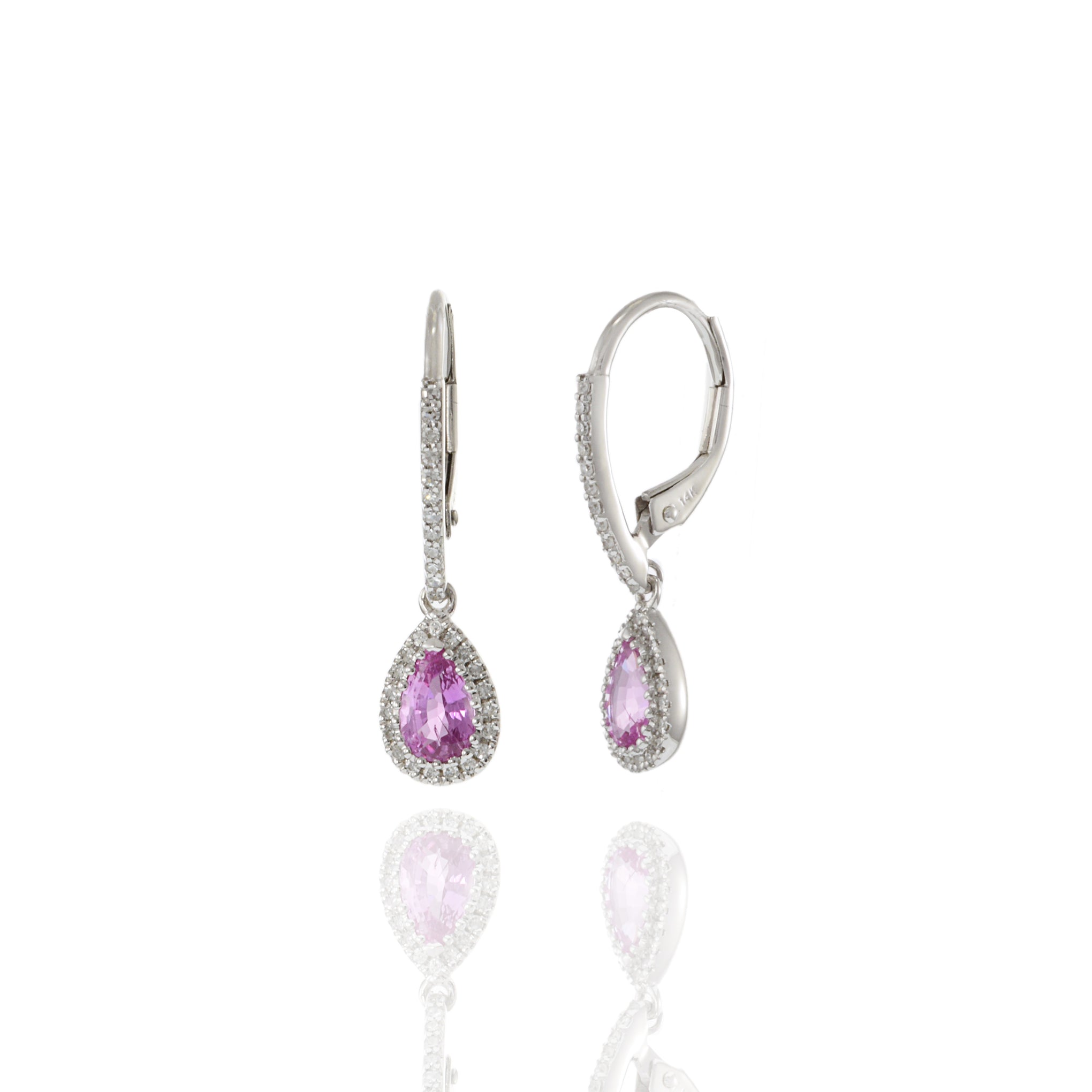 14KT White Gold Pink Sapphires and Diamond Drop Earrings