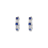 14KT White Gold Huggie Earrings with Alternating Round Cut Diamonds and Princess Cut Sapphires