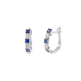 14KT White Gold Huggie Earrings with Alternating Round Cut Diamonds and Princess Cut Sapphires