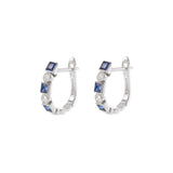 14KT White Gold Huggie Earrings with Alternating Round Cut Diamonds and Princess Cut Sapphires