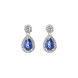 14KT White Gold Drop Earrings with Round Cut Diamonds and Pear Cut Sapphires