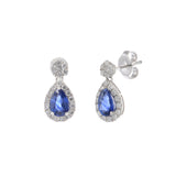 14KT White Gold Drop Earrings with Round Cut Diamonds and Pear Cut Sapphires