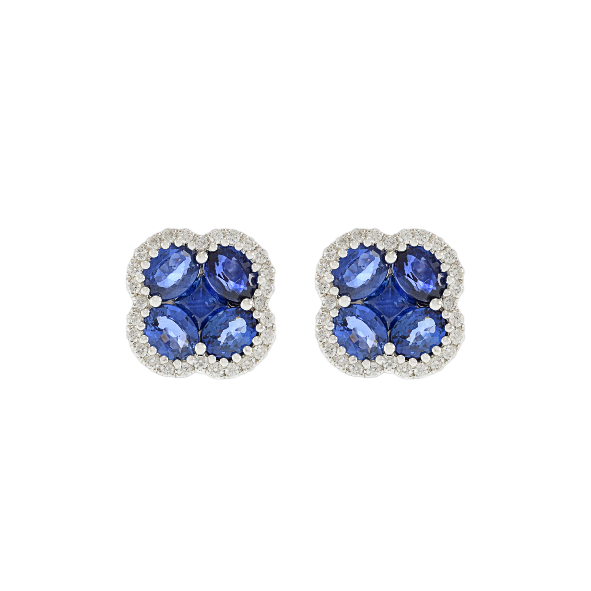 14KT White Gold Diamond and Blue Sapphires Flower Clover Earrings