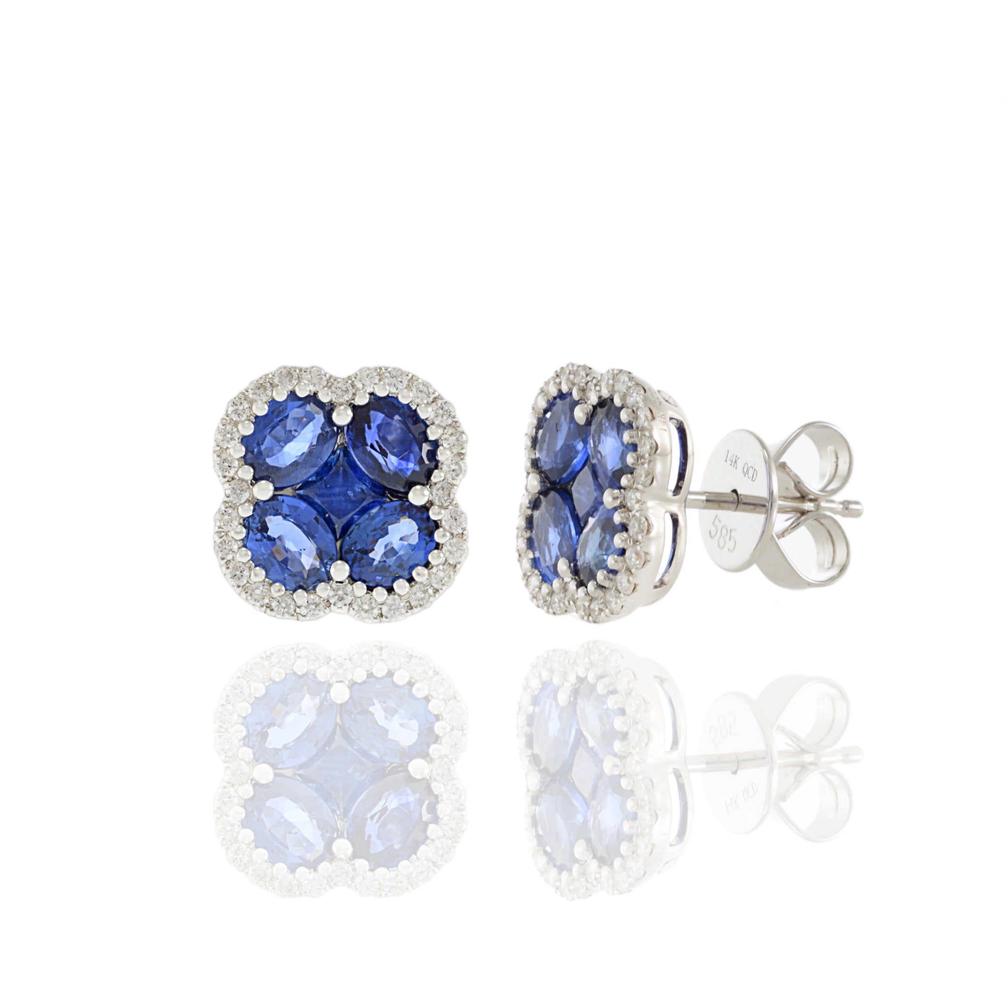 14KT White Gold Diamond and Blue Sapphires Flower Clover Earrings