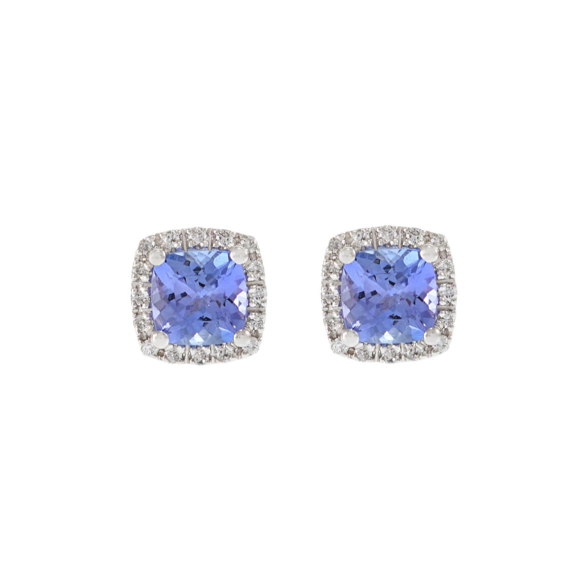 14KT White Gold Square Earrings with Round Cut Diamonds and Tanzanite