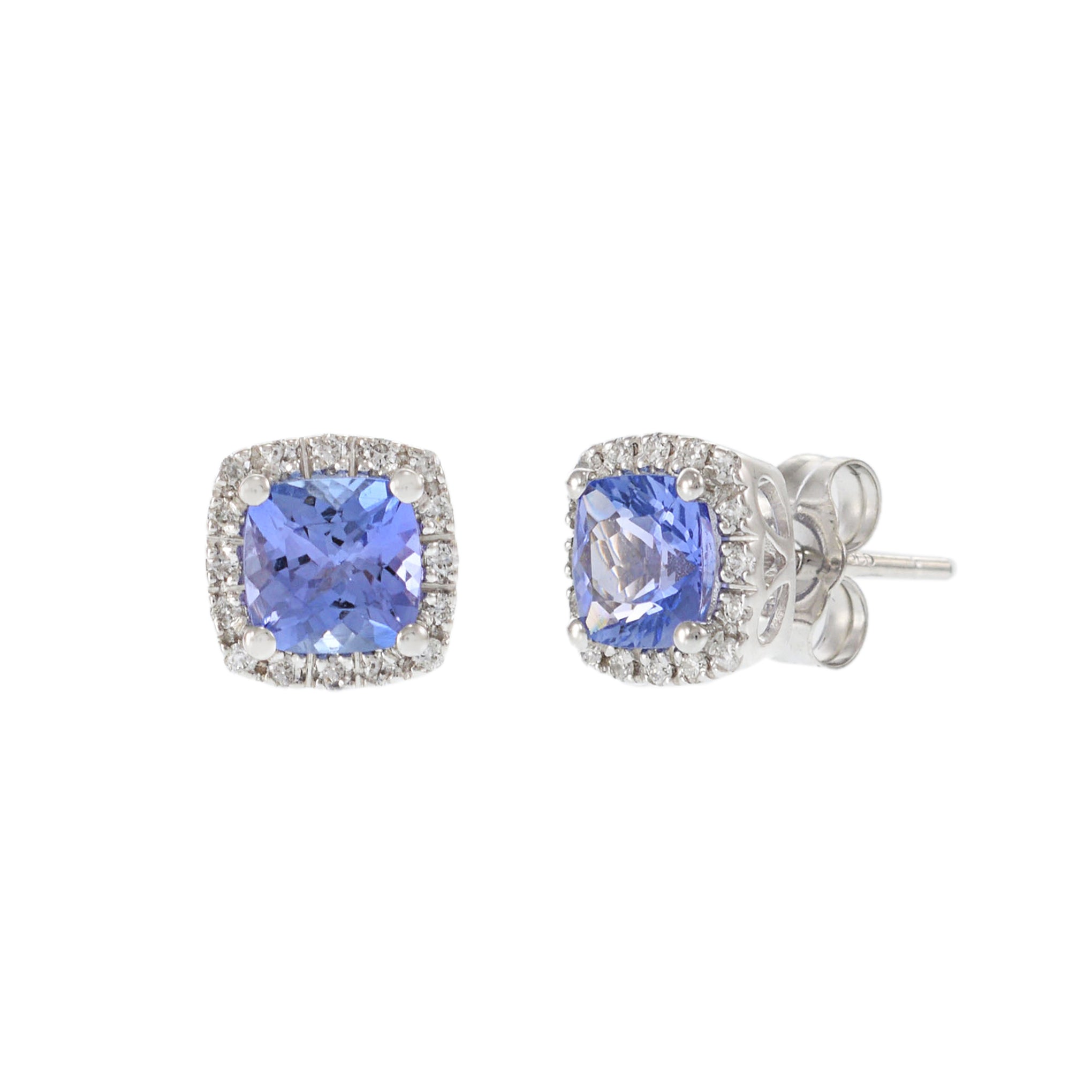 14KT White Gold Square Earrings with Round Cut Diamonds and Tanzanite