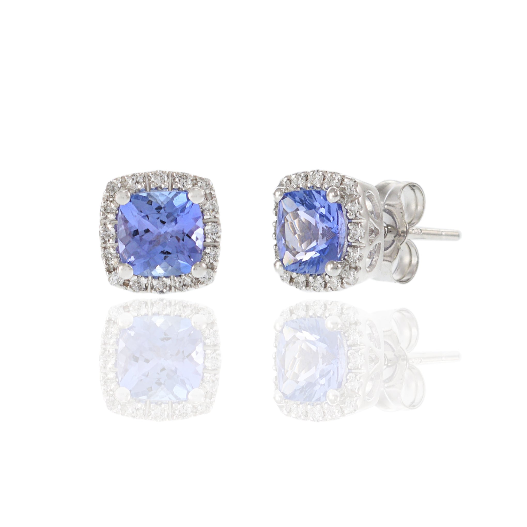 14KT White Gold Square Earrings with Round Cut Diamonds and Tanzanite