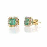 14KT Yellow Gold Cushion Cut Emerald and Diamond Stud Earrings