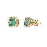 14KT Yellow Gold Cushion Cut Emerald and Diamond Stud Earrings