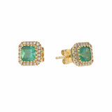 14KT Yellow Gold Cushion Cut Emerald and Diamond Stud Earrings