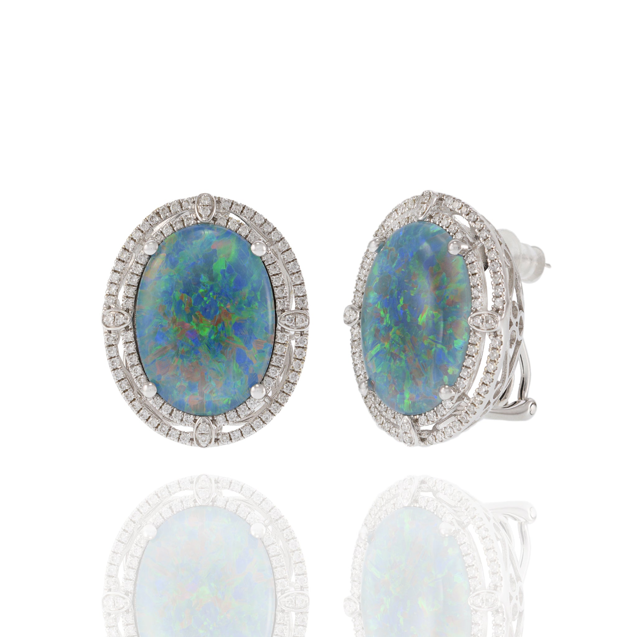 14KT White Gold Double Halo Opal and Diamond Earrings.