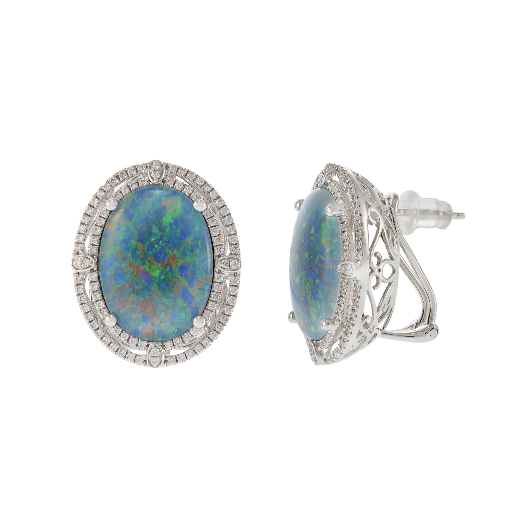 14KT White Gold Double Halo Opal and Diamond Earrings.