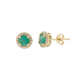 14KT Yellow Gold Emerald and Diamond Halo Stud Earrings