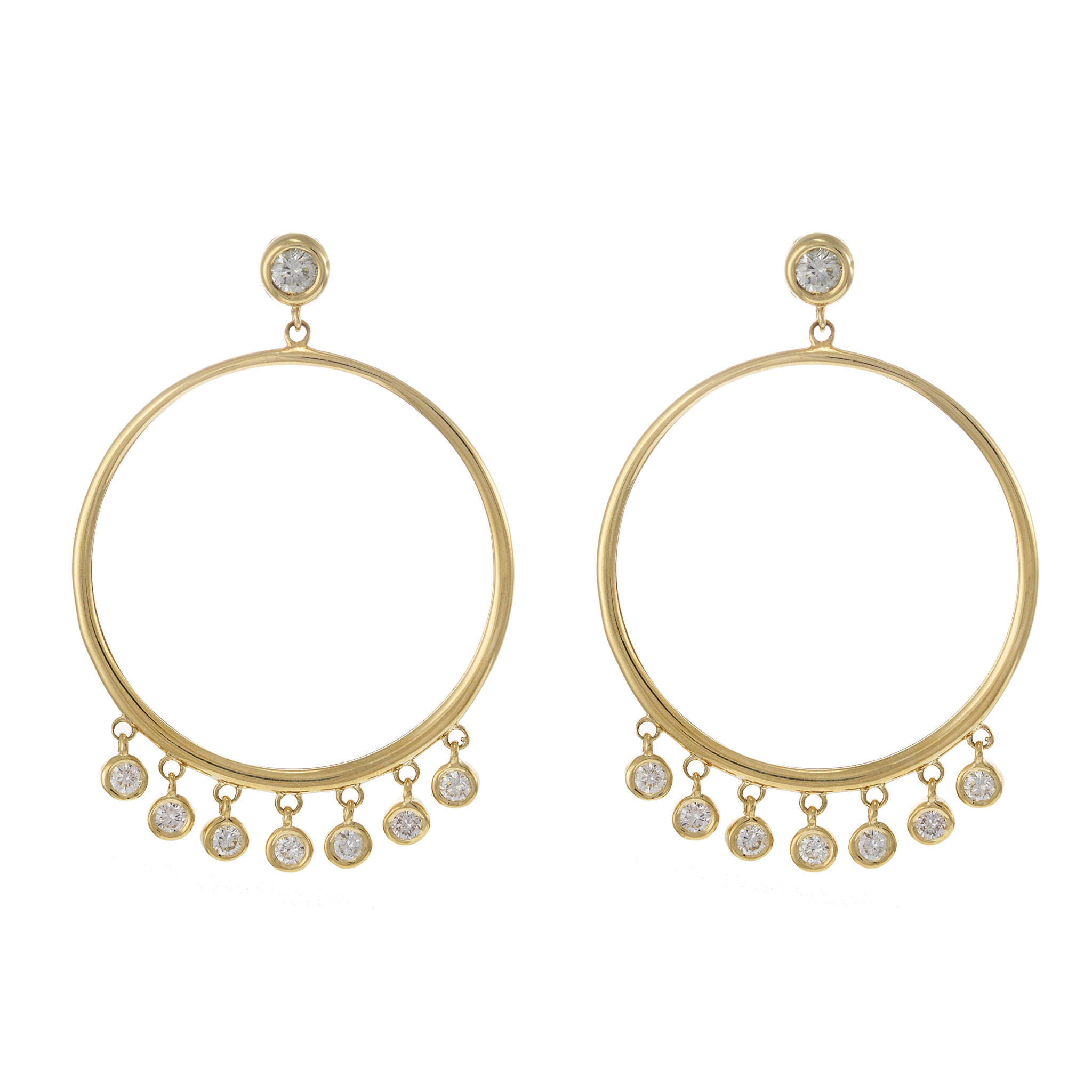 14KT Yellow Gold Open Circle Hoop Earrings with Hanging Bezel Set Diamonds