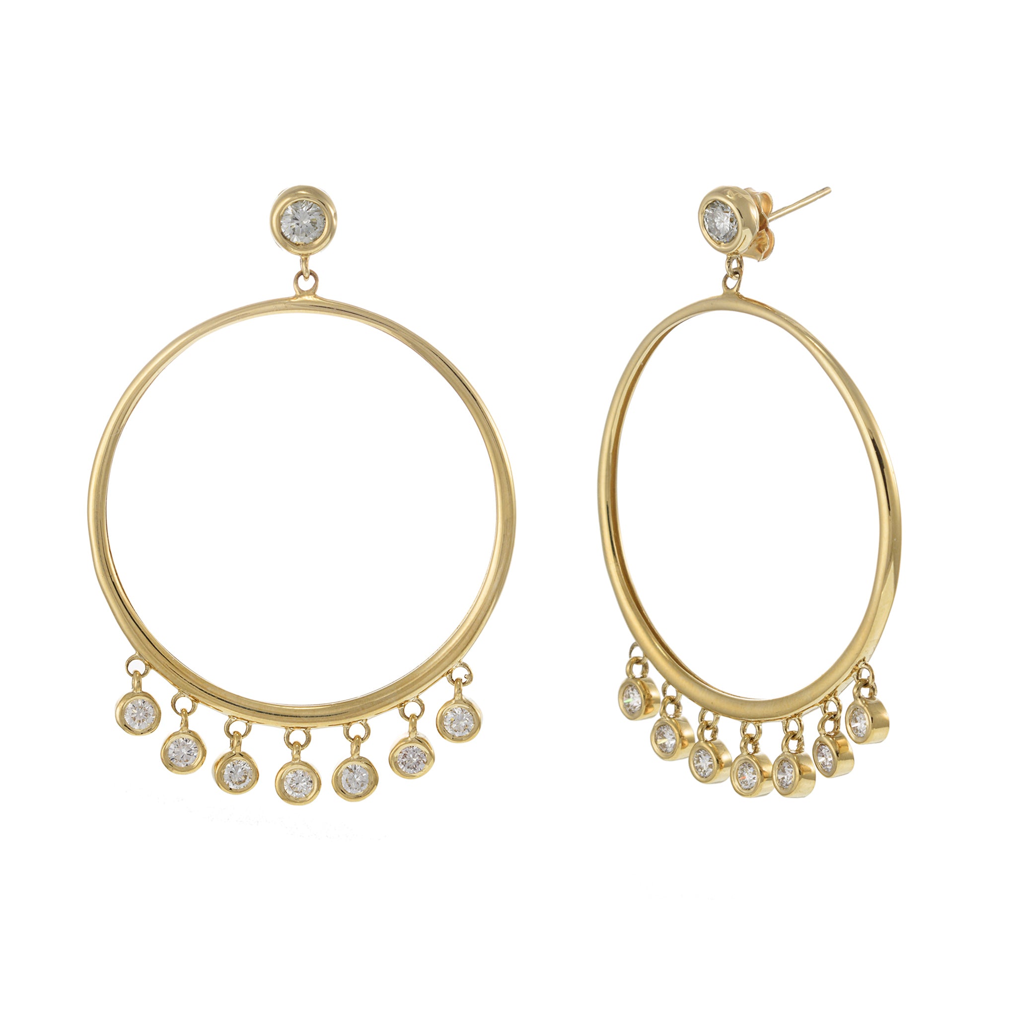 14KT Yellow Gold Open Circle Hoop Earrings with Hanging Bezel Set Diamonds