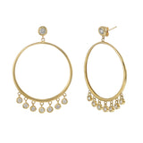 14KT Yellow Gold Open Circle Hoop Earrings with Hanging Bezel Set Diamonds