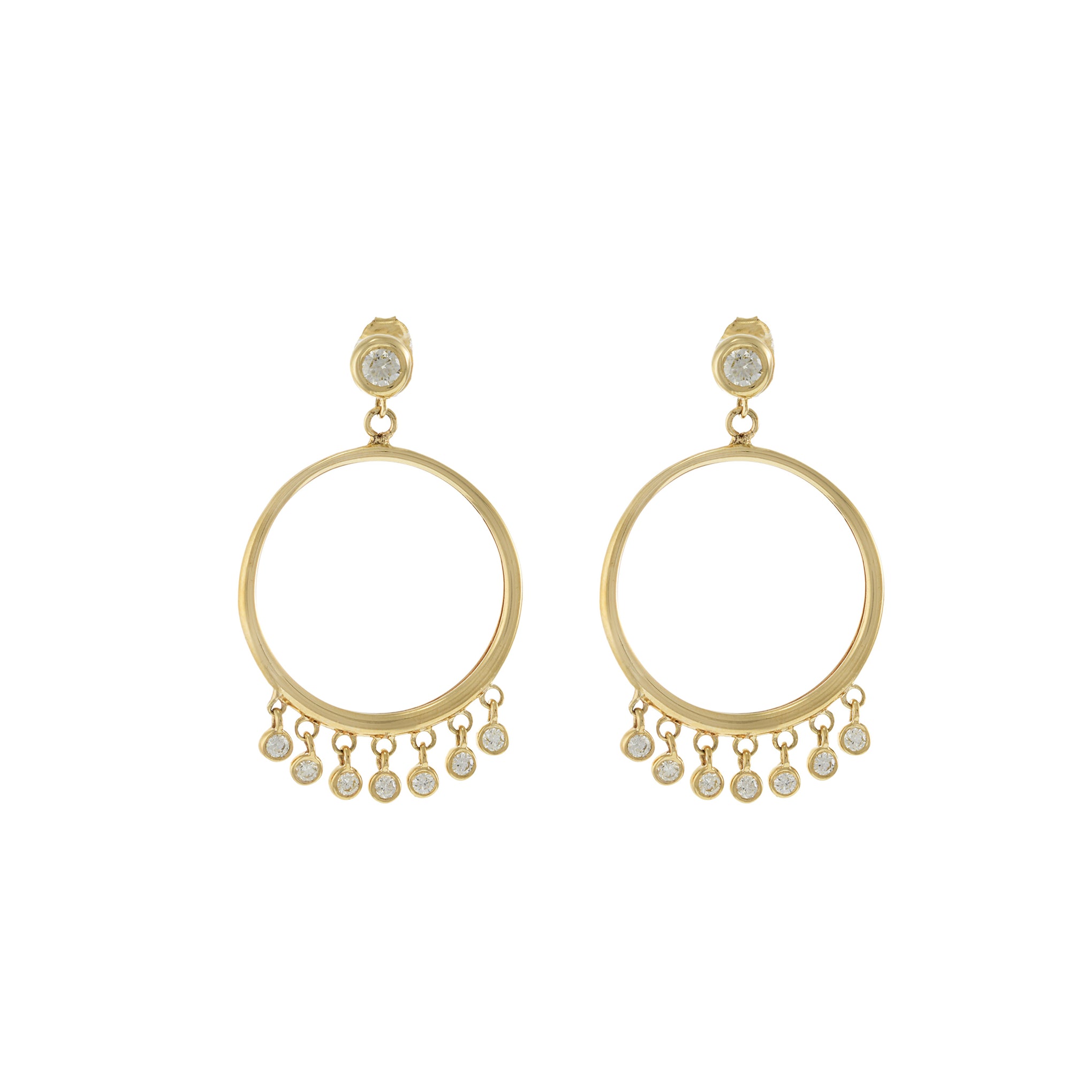 14KT Yellow Gold Small Open Circle Hoop Earrings with Hanging Bezel Set Diamonds