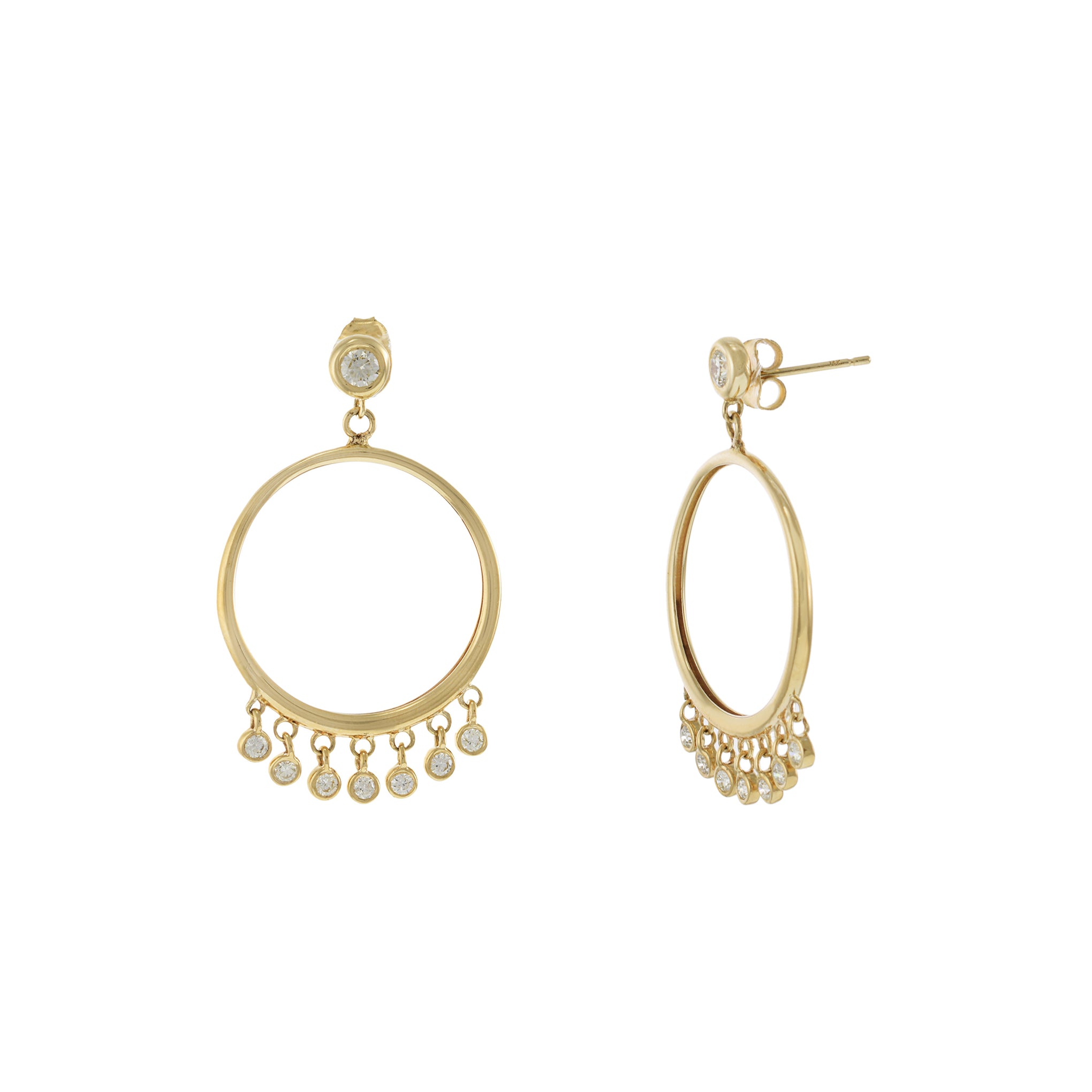 14KT Yellow Gold Small Open Circle Hoop Earrings with Hanging Bezel Set Diamonds