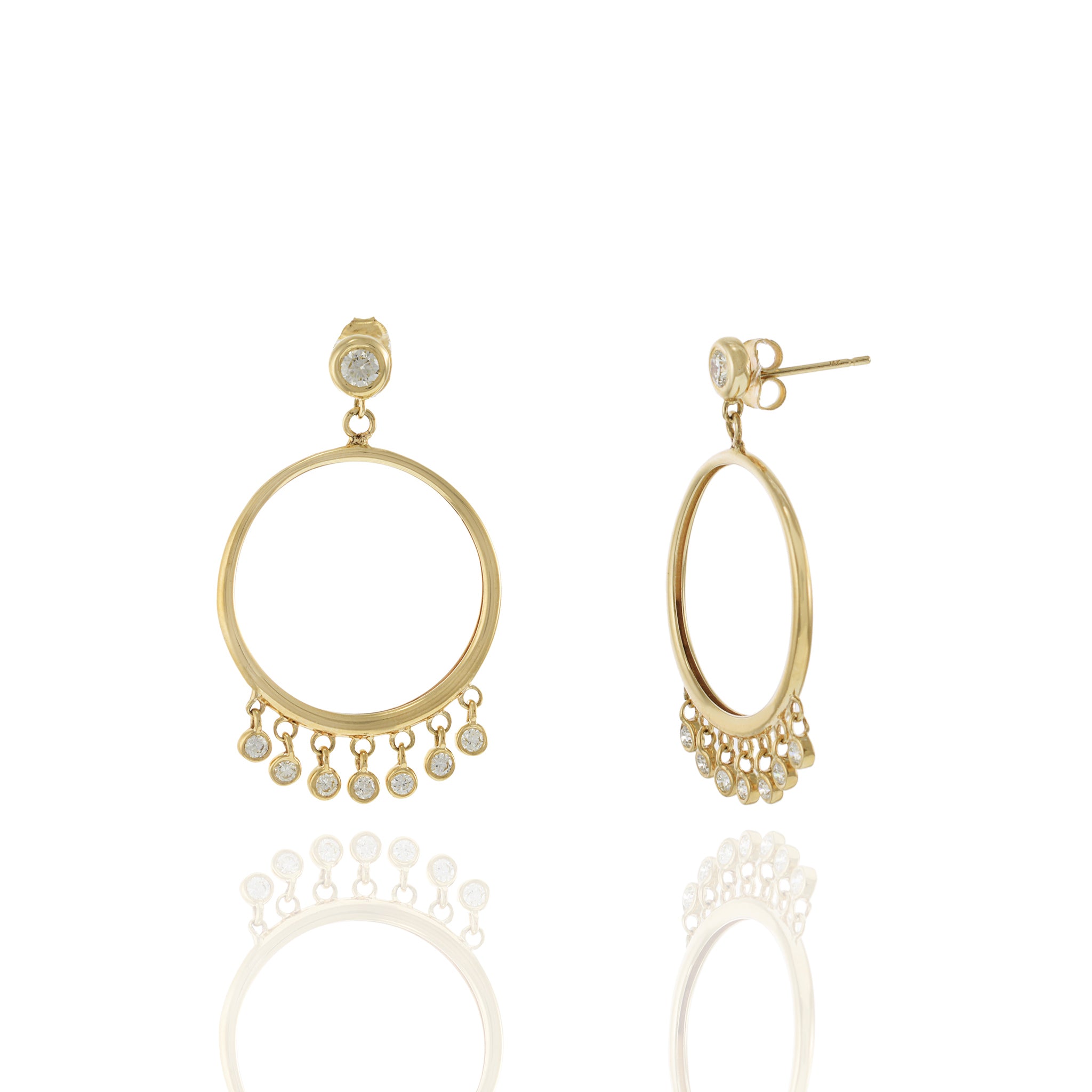 14KT Yellow Gold Small Open Circle Hoop Earrings with Hanging Bezel Set Diamonds