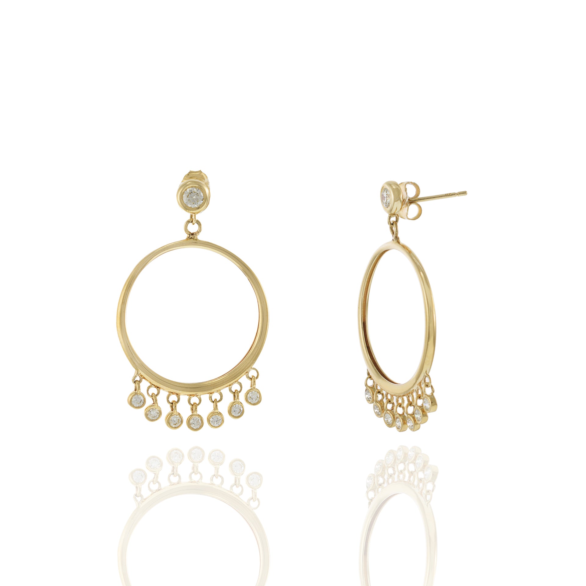 14KT Yellow Gold Small Open Circle Hoop Earrings with Hanging Bezel Set Diamonds