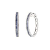 14KT White Gold Blue Sapphire and Diamond Oval Hoop Earrings