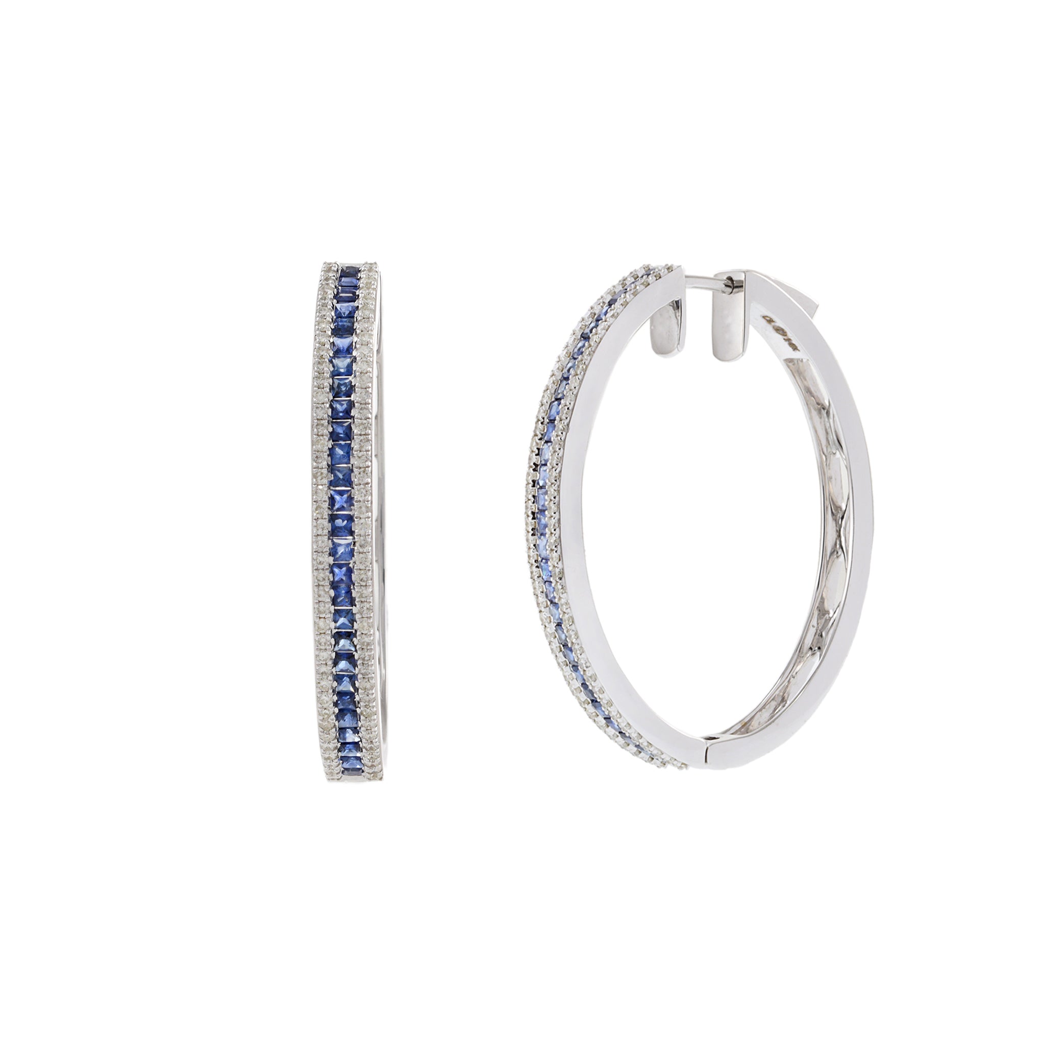 14KT White Gold Blue Sapphire and Diamond Oval Hoop Earrings