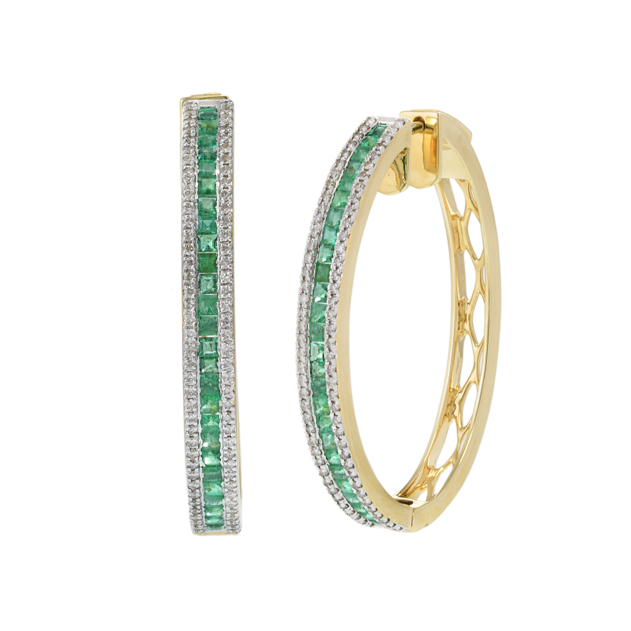 14KT Yellow Gold Oval Hoop Earrings with Round Cut Diamonds and Emeralds