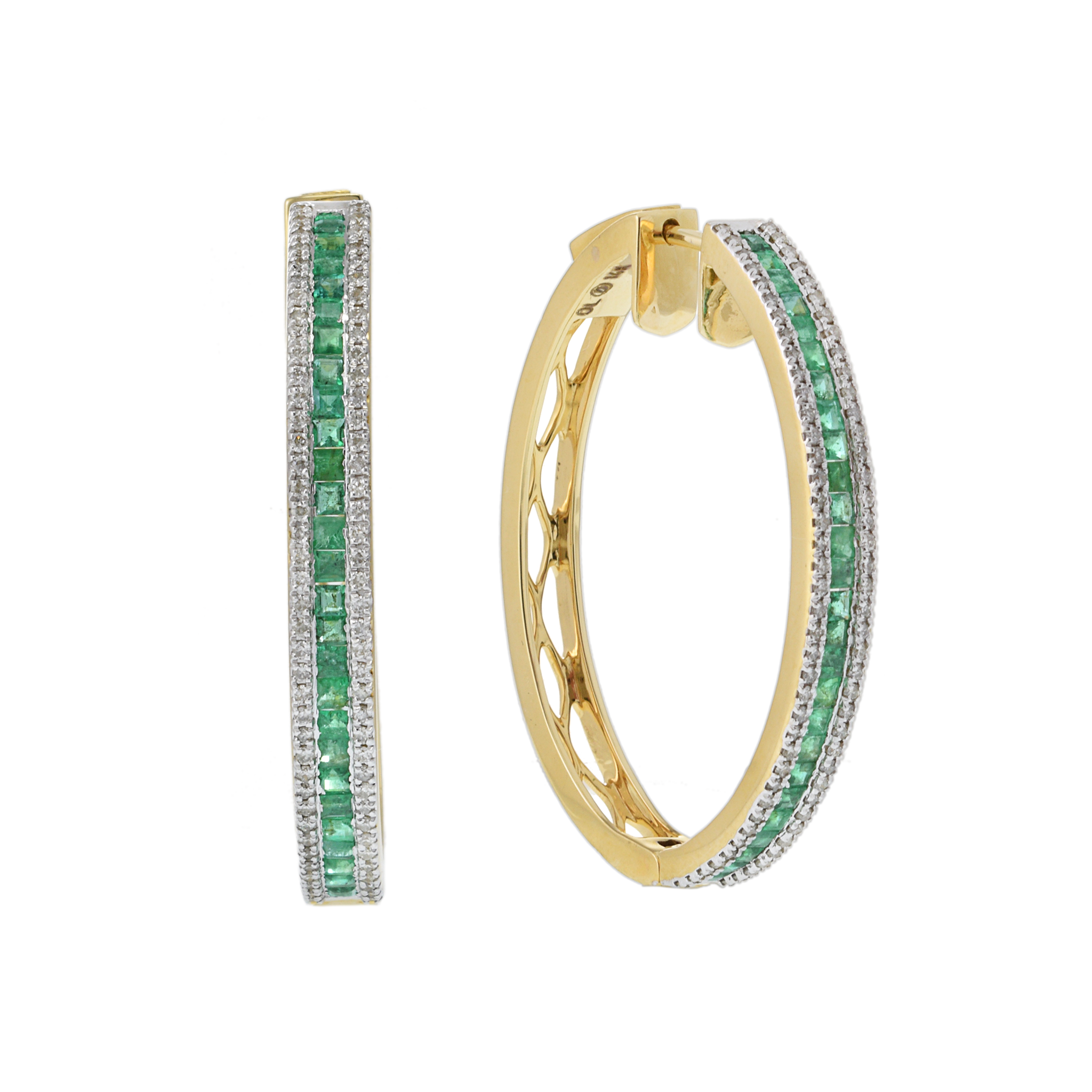 14KT Yellow Gold Oval Hoop Earrings with Round Cut Diamonds and Emeralds