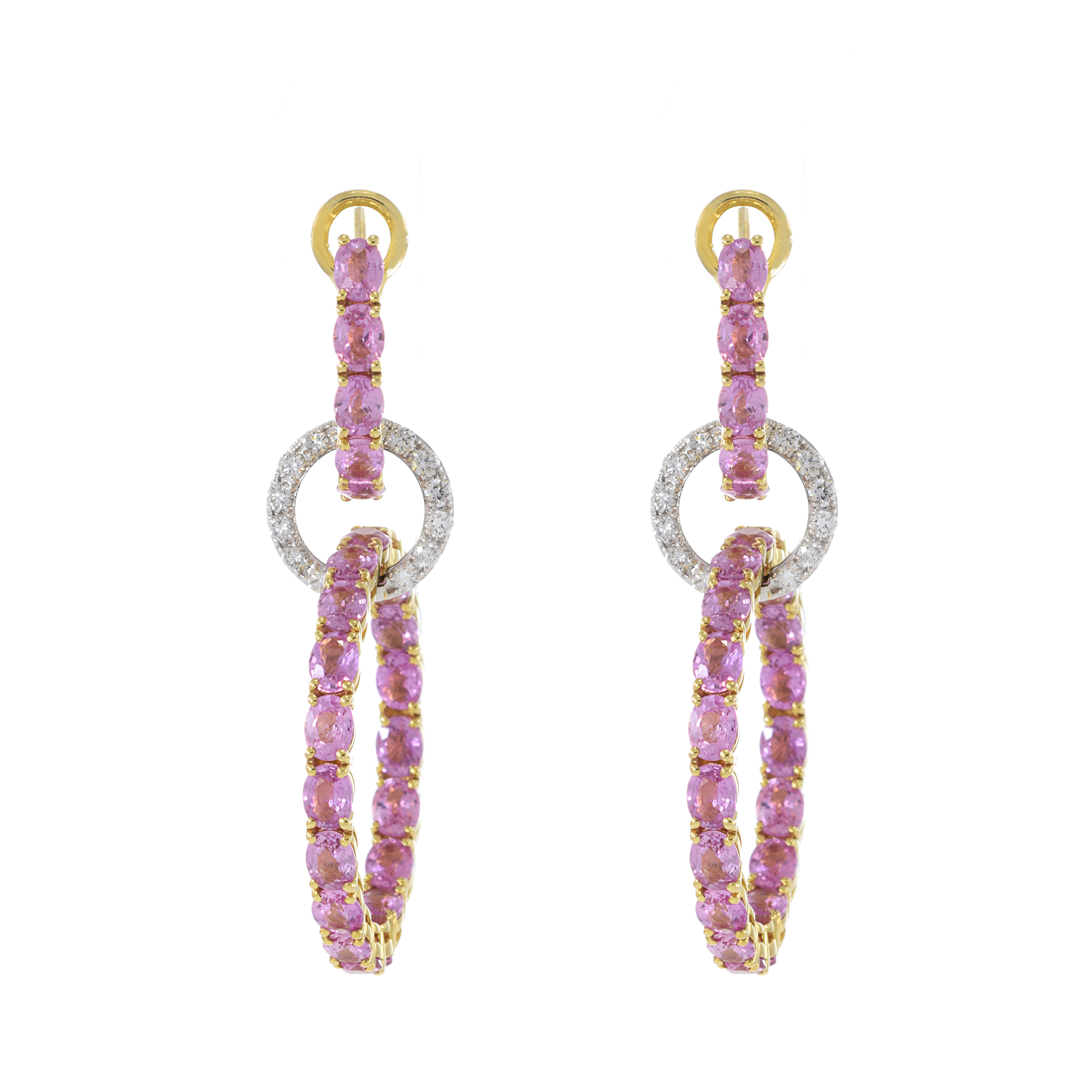 18KT White and Yellow Gold Pink Sapphire and Diamond Interlocking Hoop Earrings