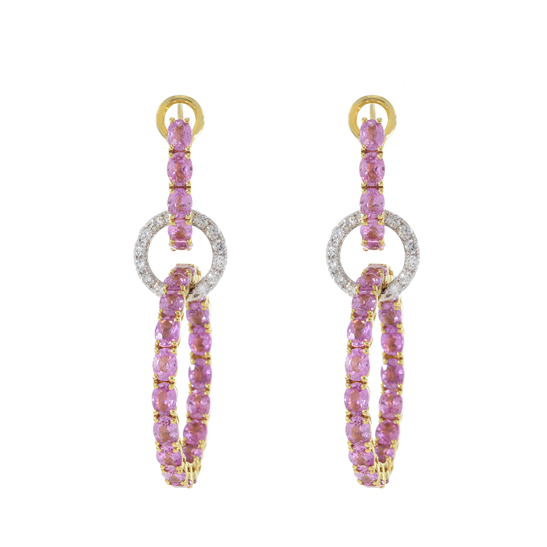 18KT White and Yellow Gold Pink Sapphire and Diamond Interlocking Hoop Earrings