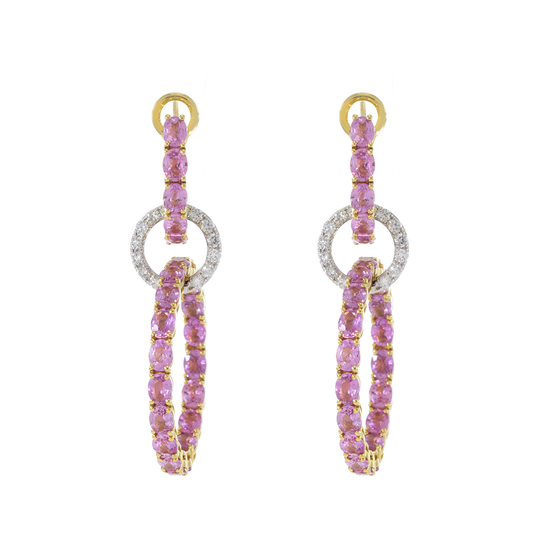 18KT White and Yellow Gold Pink Sapphire and Diamond Interlocking Hoop Earrings