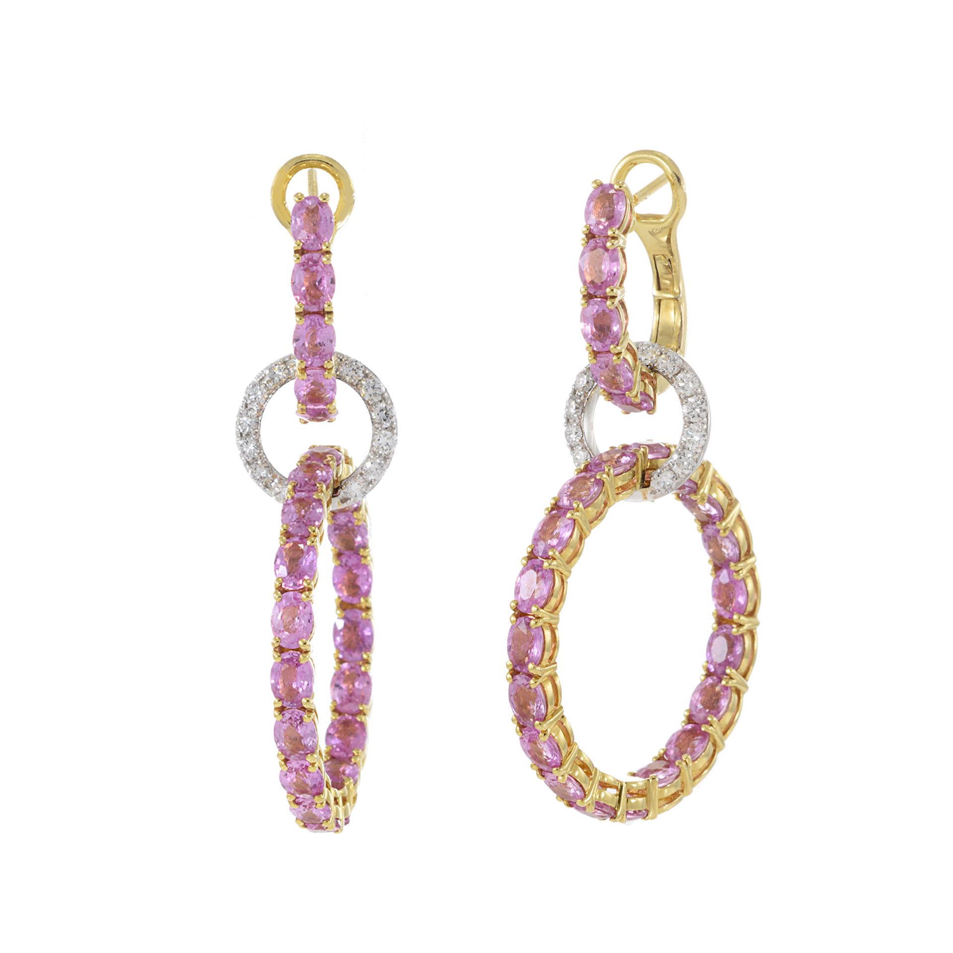 18KT White and Yellow Gold Pink Sapphire and Diamond Interlocking Hoop Earrings