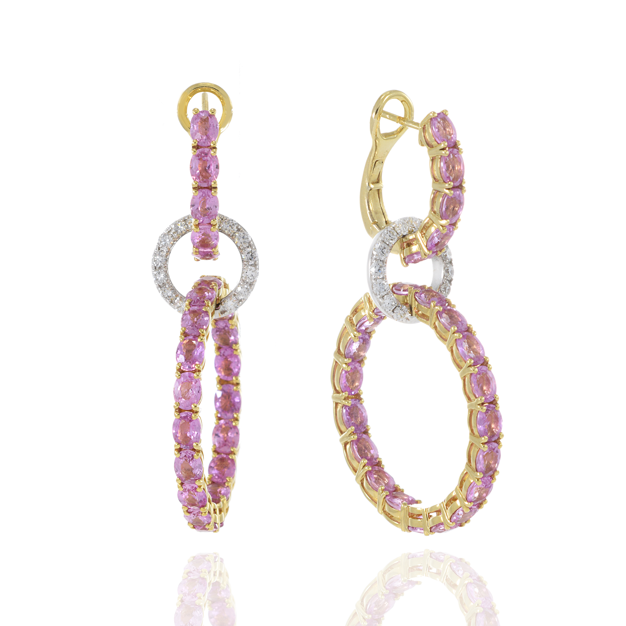 18KT White and Yellow Gold Pink Sapphire and Diamond Interlocking Hoop Earrings