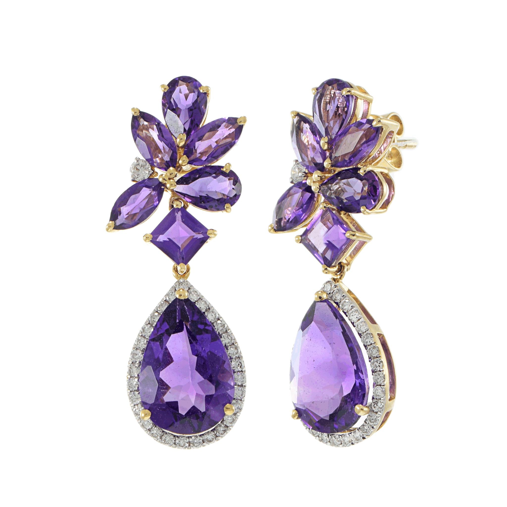 14KT Yellow Gold Multi-Cut Amethyst and Diamond Drop Earrings