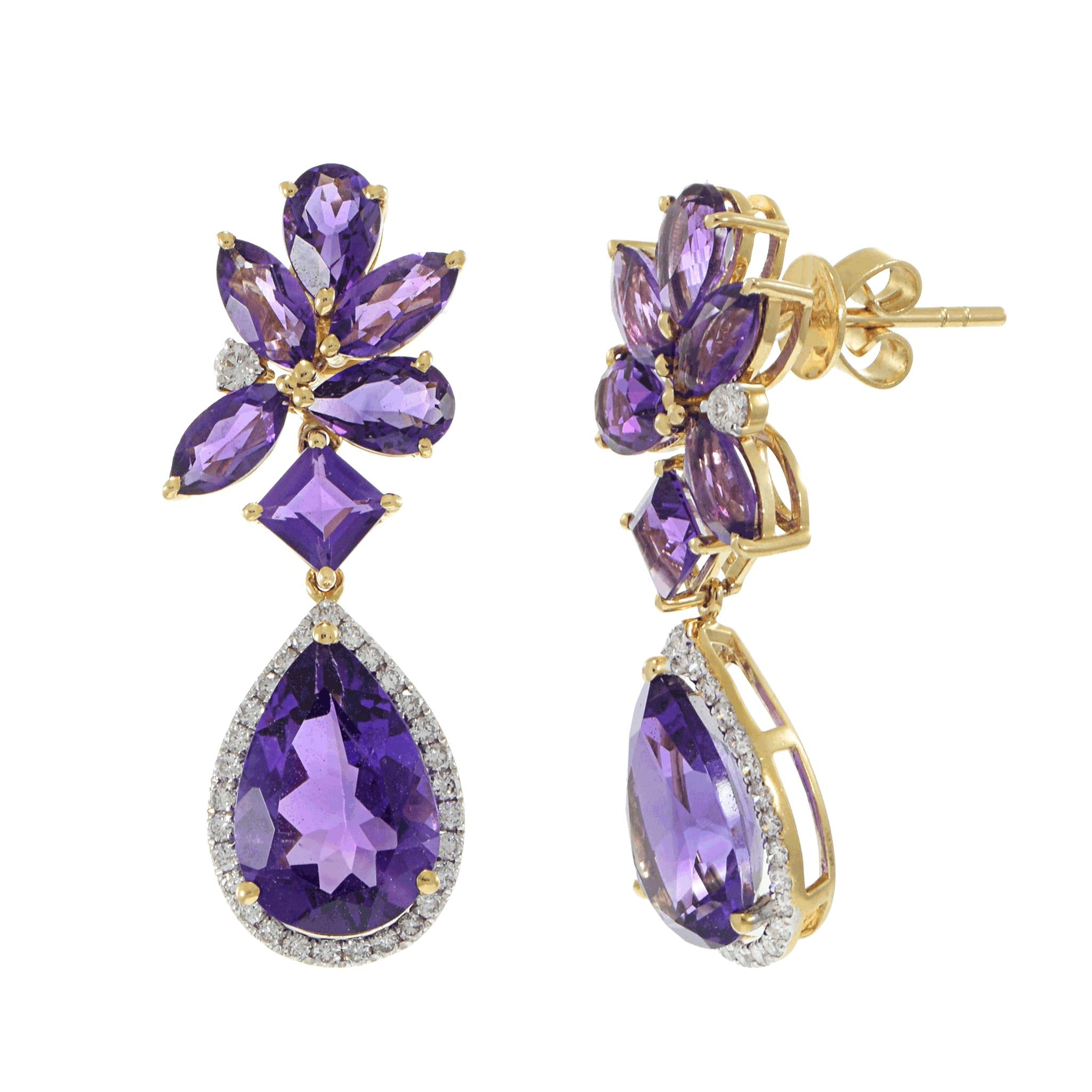 14KT Yellow Gold Multi-Cut Amethyst and Diamond Drop Earrings