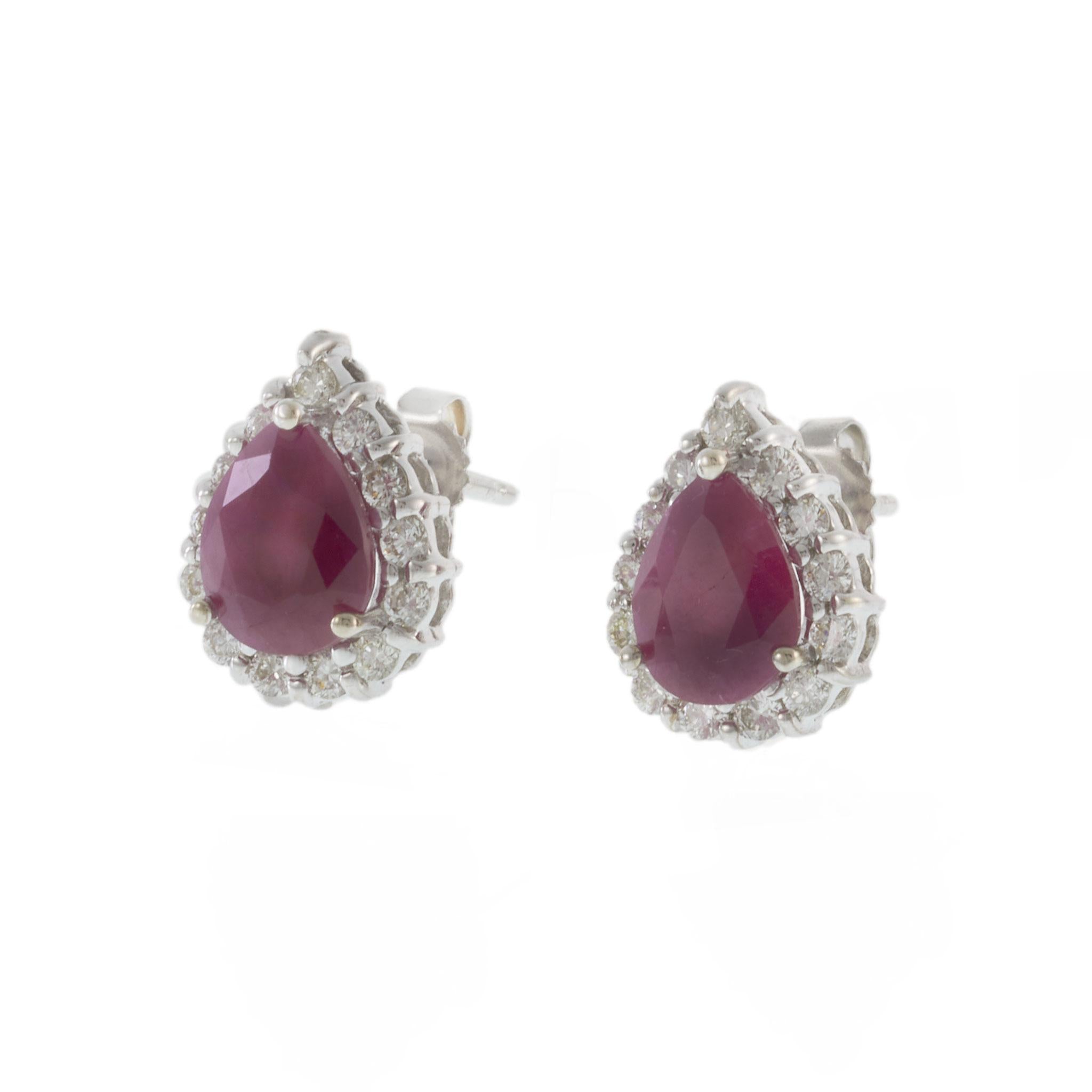 Pear-Shaped Ruby and Diamond Halo Earrings in 14KT White Gold