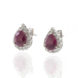 Pear-Shaped Ruby and Diamond Halo Earrings in 14KT White Gold