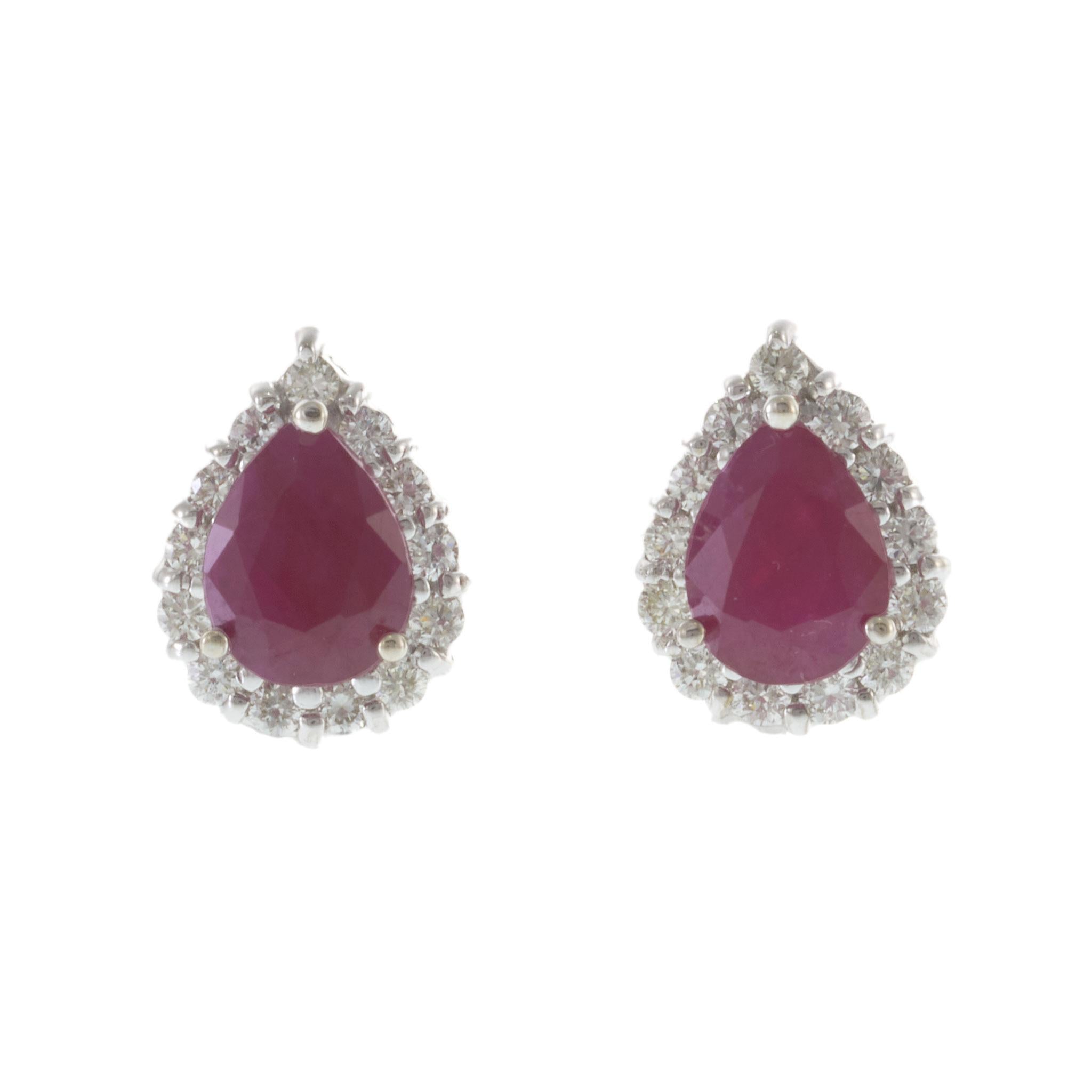Pear-Shaped Ruby and Diamond Halo Earrings in 14KT White Gold
