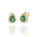 14KT Yellow Gold Pear Shape Emerald and Diamond Halo Earrings