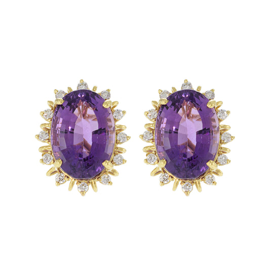 Vintage 14KT Yellow Gold Purple Amethyst and Diamond Earrings