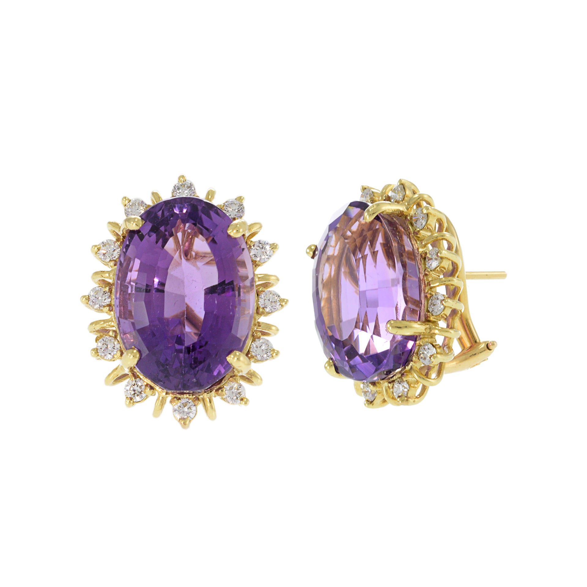 Vintage 14KT Yellow Gold Purple Amethyst and Diamond Earrings