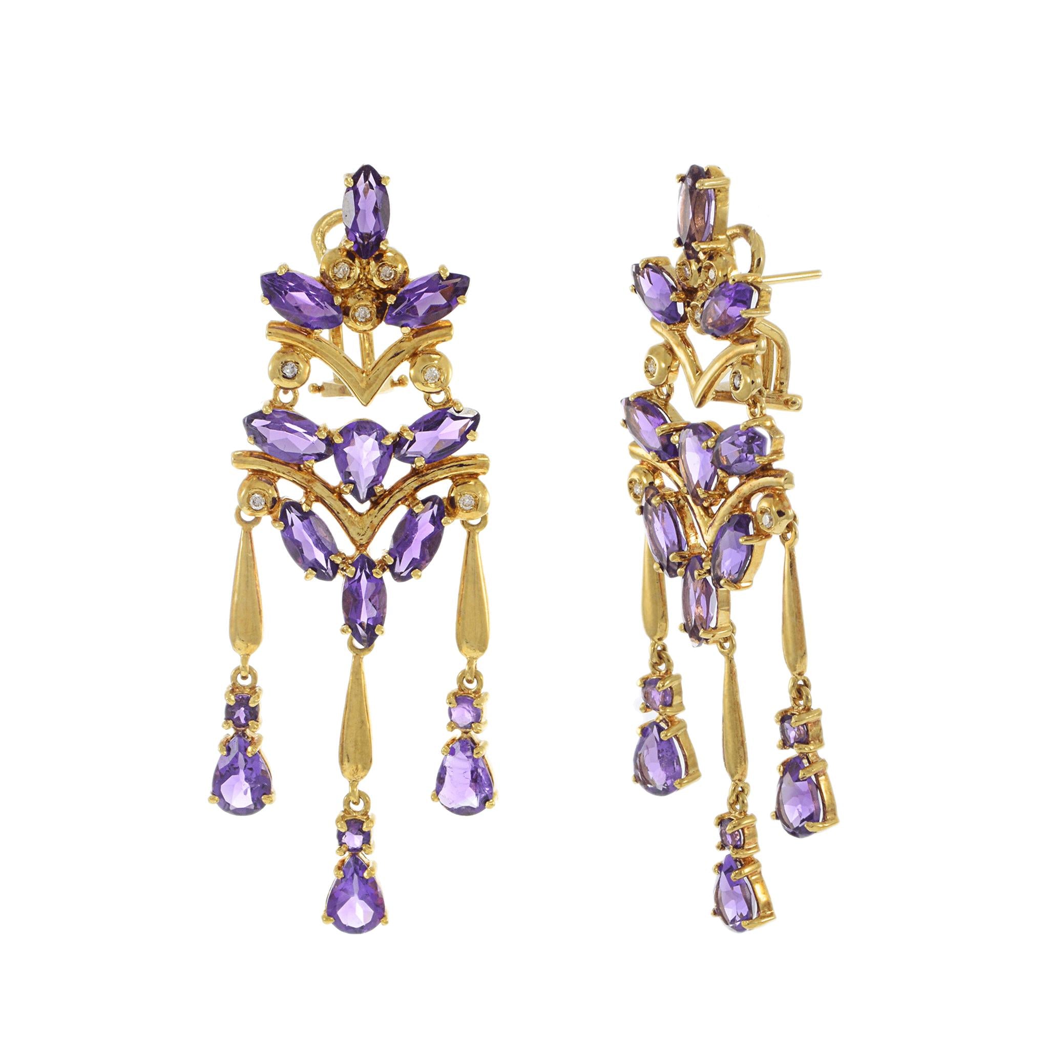 Vintage 18KT Yellow Gold Amethyst and Diamond Chandelier Earrings