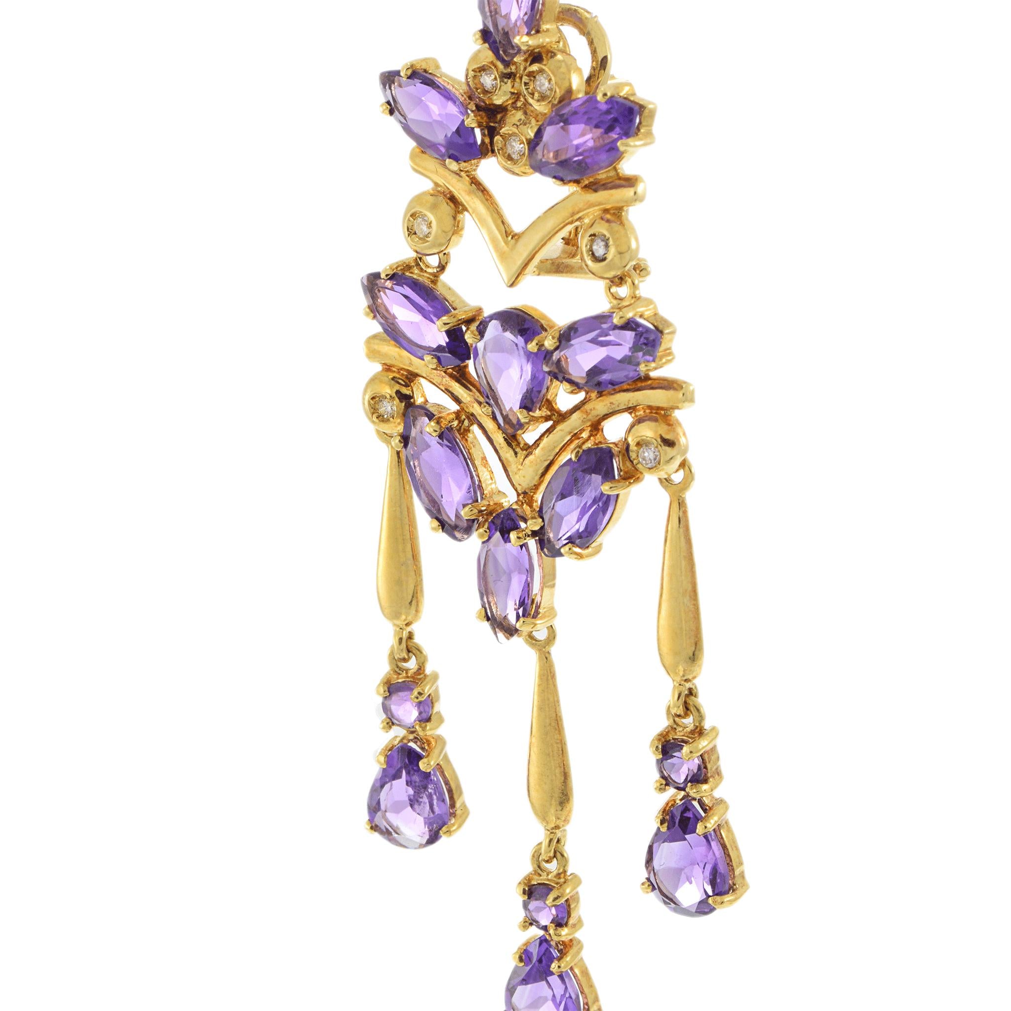 Vintage 18KT Yellow Gold Amethyst and Diamond Chandelier Earrings